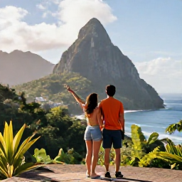 Caribbean Holidays, April Honeymoons, Honeymoon couple visiting the Pitons in Saint Lucia, tropical forest, volcanic mountains and scenic coastal viewpoint