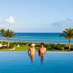 Caribbean Holidays, April Honeymoons, Newlywed couple relaxing beside an infinity pool at a stylish Caribbean resort in Saint Kitts, tropical gardens and sea view