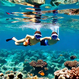 Caribbean Holidays, April Honeymoons, Newlywed couple snorkelling in clear Caribbean water near a coral reef, bright fish and tropical sunlight in April