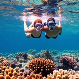 Caribbean Holidays, April Honeymoons, Newlywed couple snorkelling together above a colourful coral reef in clear Bahamian water