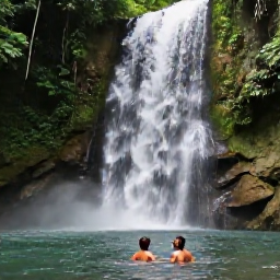 Caribbean Holidays, April Honeymoons, Newlywed couple swimming in a natural Jamaican waterfall surrounded by lush green forest