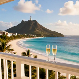 Caribbean Holidays, April Honeymoons, Peaceful luxury hotel balcony overlooking a tropical Caribbean beach in Saint Martin, with two glasses of champagne and morning sunlight