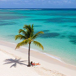 Caribbean Holidays, April Honeymoons, Romantic aerial view of Grace Bay Beach, Providenciales, with a couple relaxing beneath a palm tree beside clear turquoise water