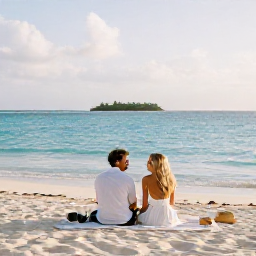 Caribbean Holidays, April Honeymoons, Romantic beach picnic for newlyweds on a secluded Bahamian island with turquoise water and soft afternoon light