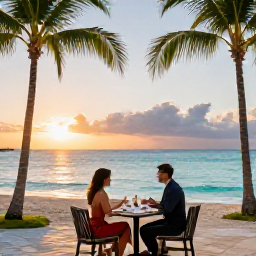 Caribbean Holidays, April Honeymoons, Romantic beachfront resort in Nassau with palm trees, turquoise sea and a couple enjoying a sunset dinner
