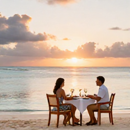 Caribbean Holidays, April Honeymoons, Romantic beachfront resort in the Caribbean during April, couple dining at a table beside the sea at sunset