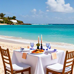 Caribbean Holidays, April Honeymoons, Romantic beachfront table for two on Saint Martin, decorated simply with candles, fresh seafood and a view across the Caribbean Sea