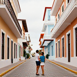 Caribbean Holidays, April Honeymoons, Romantic couple exploring colourful colonial streets in Old San Juan, Puerto Rico, with historic buildings and balconies