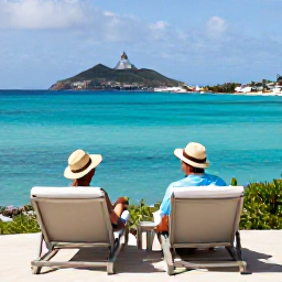 Caribbean Holidays, April Honeymoons, Romantic couple relaxing on a luxury hotel terrace overlooking the turquoise Caribbean Sea in Saint Barth&eacute;lemy