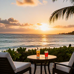 Caribbean Holidays, April Honeymoons, Romantic Jamaican resort terrace overlooking the sea at sunset, two drinks on a small table and warm evening light