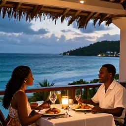 Caribbean Holidays, April Honeymoons, Romantic open-air dinner for two at a Caribbean restaurant in Saint Kitts, with local dishes, candles and a view of the sea