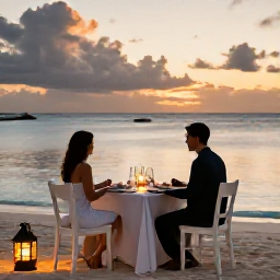 Caribbean Holidays, April Honeymoons, Romantic outdoor dinner for two at a Turks and Caicos beachfront restaurant at sunset, lanterns and calm sea in the background