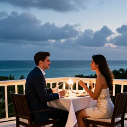 Caribbean Holidays, April Honeymoons, Romantic Puerto Rican dinner for two on a stylish terrace overlooking the sea at twilight