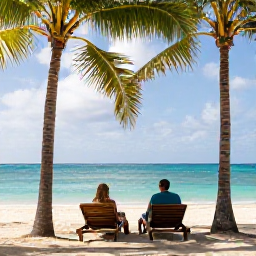 Caribbean Holidays, April Honeymoons, Romantic secluded beach on Nevis with two sun loungers, gentle turquoise water, palm trees and a couple enjoying a peaceful afternoon