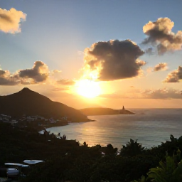 Caribbean Holidays, April Honeymoons, Romantic sunset view over the coastline and turquoise sea of Saint Barth&eacute;lemy from a hillside viewpoint