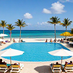 Caribbean Holidays, April in Cura&ccedil;ao, Cura&ccedil;ao all-inclusive resort pool overlooking a tropical beach, guests relaxing on sun loungers under palm trees