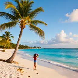 Caribbean Holidays, April Instagram Hotspots, A bright Caribbean beach in April with turquoise water, white sand, palm trees and a traveller taking photographs at golden hour