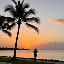 Caribbean Holidays, April Instagram Hotspots, A peaceful Caribbean sunset over calm sea, with silhouetted palm trees and a traveller photographing the orange and pink sky in April
