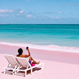 Caribbean Holidays, April Instagram Hotspots, A pink-sand beach on Harbour Island in The Bahamas with clear turquoise water, sun loungers and a person taking a relaxed holiday photograph