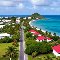 Caribbean Holidays, April Instagram Hotspots, Aerial-style view of Saint Barth&eacute;lemy coastline from a scenic road, tropical vegetation, blue sea and red-roofed villas
