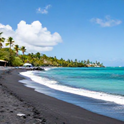 Caribbean Holidays, April Instagram Hotspots, Black volcanic sand beach at South Friars Bay, Saint Kitts, with turquoise sea, palm trees and distant hills