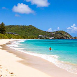 Caribbean Holidays, April Instagram Hotspots, Colourful beach scene at Colombier Beach in Saint Barth&eacute;lemy, clear turquoise water, green hills and a swimmer viewed from the shore