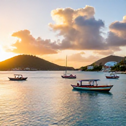 Caribbean Holidays, April Instagram Hotspots, Colourful boats and waterfront at sunset in Cruz Bay, Saint John, United States Virgin Islands