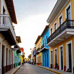 Caribbean Holidays, April Instagram Hotspots, Colourful colonial street in Santo Domingo's Zona Colonial during late afternoon, historic buildings, balconies and pedestrians