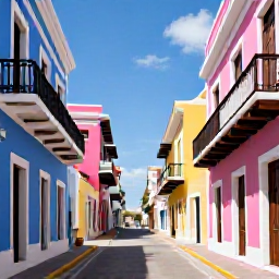 Caribbean Holidays, April Instagram Hotspots, Colourful colonial streets in San Juan, Puerto Rico, with blue, yellow and pink buildings, balconies and a sunny April sky