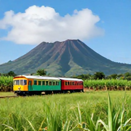 Caribbean Holidays, April Instagram Hotspots, Colourful railway carriage travelling through green sugar cane fields on Saint Kitts, with volcanic mountains and blue sky