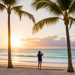 Caribbean Holidays, April Instagram Hotspots, Golden-hour view of Punta Cana beach in April, turquoise Caribbean water, palm trees and a traveller taking photographs