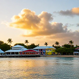 Caribbean Holidays, April Instagram Hotspots, Golden morning light over Basseterre waterfront, Saint Kitts, with colourful buildings, palm trees and calm Caribbean water