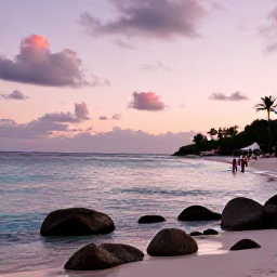 Caribbean Holidays, April Instagram Hotspots, Pink sunset over Shell Beach in Saint Barth&eacute;lemy, smooth rocks, calm Caribbean water and people enjoying the shoreline