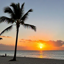 Caribbean Holidays, April Instagram Hotspots, Relaxed Dominican Republic beach scene at sunset in April, colourful sky, calm sea and silhouettes of palm trees