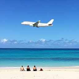 Caribbean Holidays, April Instagram Spots, Airliner flying low above Maho Beach with sunbathers watching from the sand and turquoise sea beyond