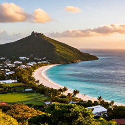 Caribbean Holidays, April Instagram Spots, Golden-hour view from a hilltop over turquoise Caribbean water, green hills and a sweeping beach on Saint Martin