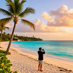 Caribbean Holidays, April Instagram Spots, Golden-hour view of a turquoise Caribbean bay and palm-fringed beach in Antigua, with a traveller taking a photograph