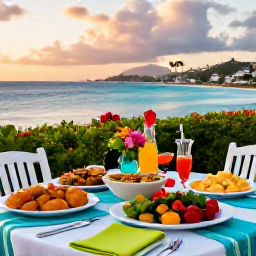 Caribbean Holidays, April Instagram Spots, Outdoor table with colourful Caribbean food overlooking the sea in Grand Case, Saint Martin, during a warm April evening
