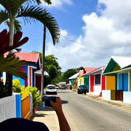Caribbean Holidays, April Instagram Spots, Traveller photographing colourful houses and a lively street scene in St John's, Antigua, with tropical plants and Caribbean sunlight