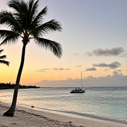 Caribbean Holidays, April Island Hopping, Visitors enjoying a calm Caribbean beach at sunset, with palm trees, warm light and gently rippling turquoise water