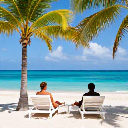 Caribbean Holidays, April Luxury Holidays, A couple relaxing on a private Caribbean beach in April sunshine, turquoise sea, palm trees and elegant sun loungers