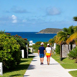 Caribbean Holidays, April Luxury Holidays, A couple walking along a coastal path above the sea in Saint Barth&eacute;lemy on a clear April day, with tropical vegetation and panoramic views