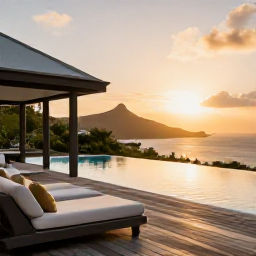 Caribbean Holidays, April Luxury Holidays, A luxury villa terrace overlooking the Caribbean in Saint Barth&eacute;lemy, with an infinity pool, comfortable seating and a golden evening sky
