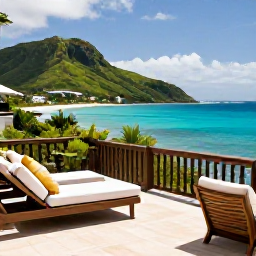 Caribbean Holidays, April Luxury Holidays, A relaxed luxury resort terrace overlooking the turquoise Caribbean Sea and green volcanic hills of Montserrat in warm April sunshine
