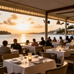 Caribbean Holidays, April Luxury Holidays, A sophisticated outdoor restaurant in Gustavia at sunset, with beautifully set tables, harbour views and diners enjoying fresh Caribbean food