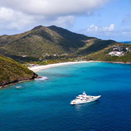 Caribbean Holidays, April Luxury Holidays, Aerial view of the British Virgin Islands in April, with turquoise water, green hills and a luxury yacht near Tortola