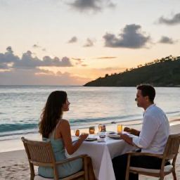 Caribbean Holidays, April Luxury Holidays, Couple dining at an elegant beachfront restaurant in the British Virgin Islands at sunset in April