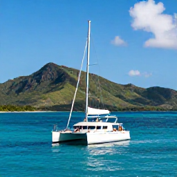 Caribbean Holidays, April Luxury Holidays, Couple sailing in a private catamaran between Saint Kitts and Nevis, clear water, green mountains and sunny Caribbean sky