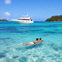 Caribbean Holidays, April Luxury Holidays, Couple snorkelling in clear turquoise water beside a tropical reef in the US Virgin Islands, bright fish and a luxury boat nearby