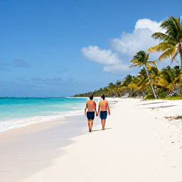 Caribbean Holidays, April Luxury Holidays, Couple walking along an empty white-sand beach in the Turks and Caicos Islands during a warm April afternoon, turquoise sea and palm trees